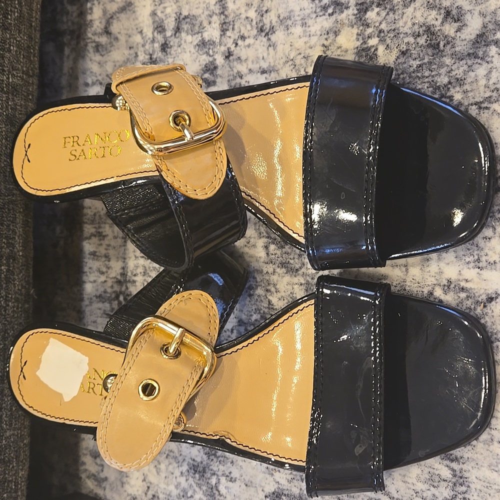 Franco Sarto Black and Tan Heeled Sandals With Buckle